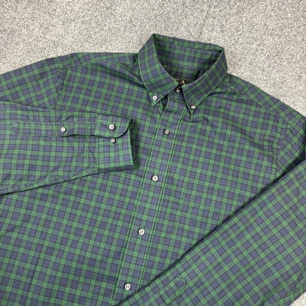 Jos A Bank Mens Medium Green Blue Plaid Tailored Fit Cotton Button Down Shirt